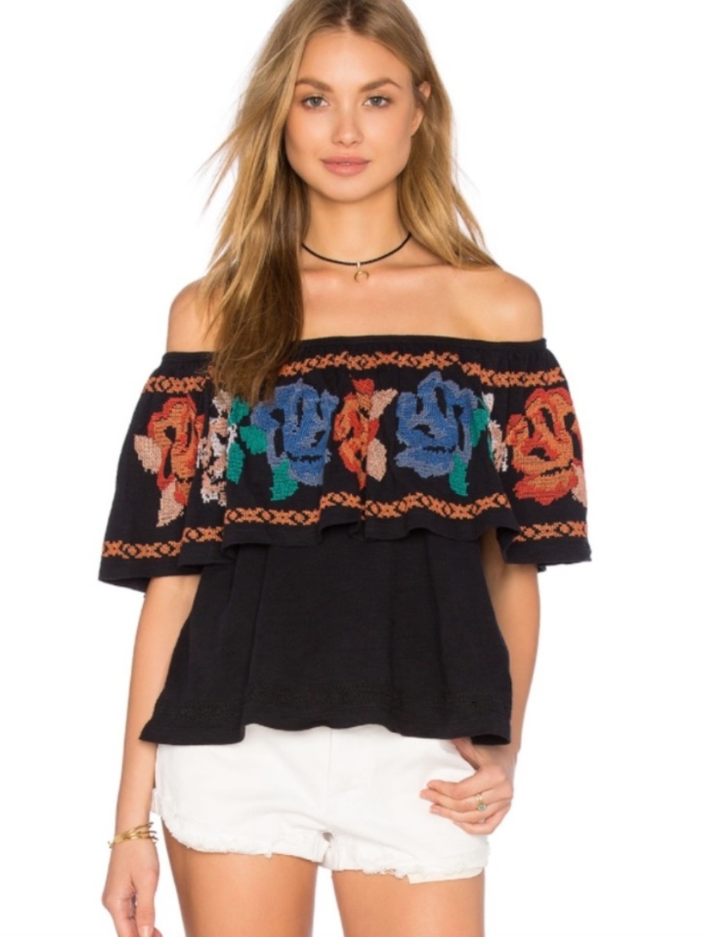Free People To the Left Flower Embroidered Black Blouse Top | Medium